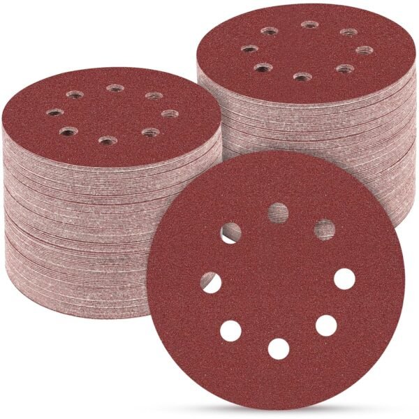 100 PCS 5 Inch 8 Hole Hook and Loop Adhesive Sanding Discs Sandpaper for Random Orbital Sander 40 60 80 120 180 240 320 Grits