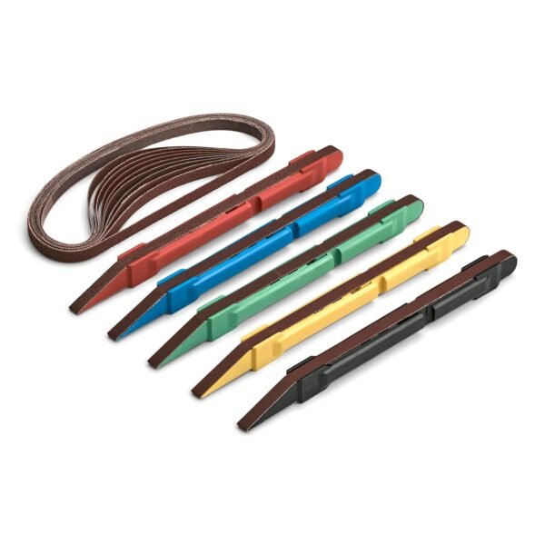 5 Piece Sanding Detailer Set with 2 Extra Replacement Belts Per Stick, 5 Grits 120, 240, 320, 400 & 600 Grit , Metal & Plastics, Long Life Sanding Belts