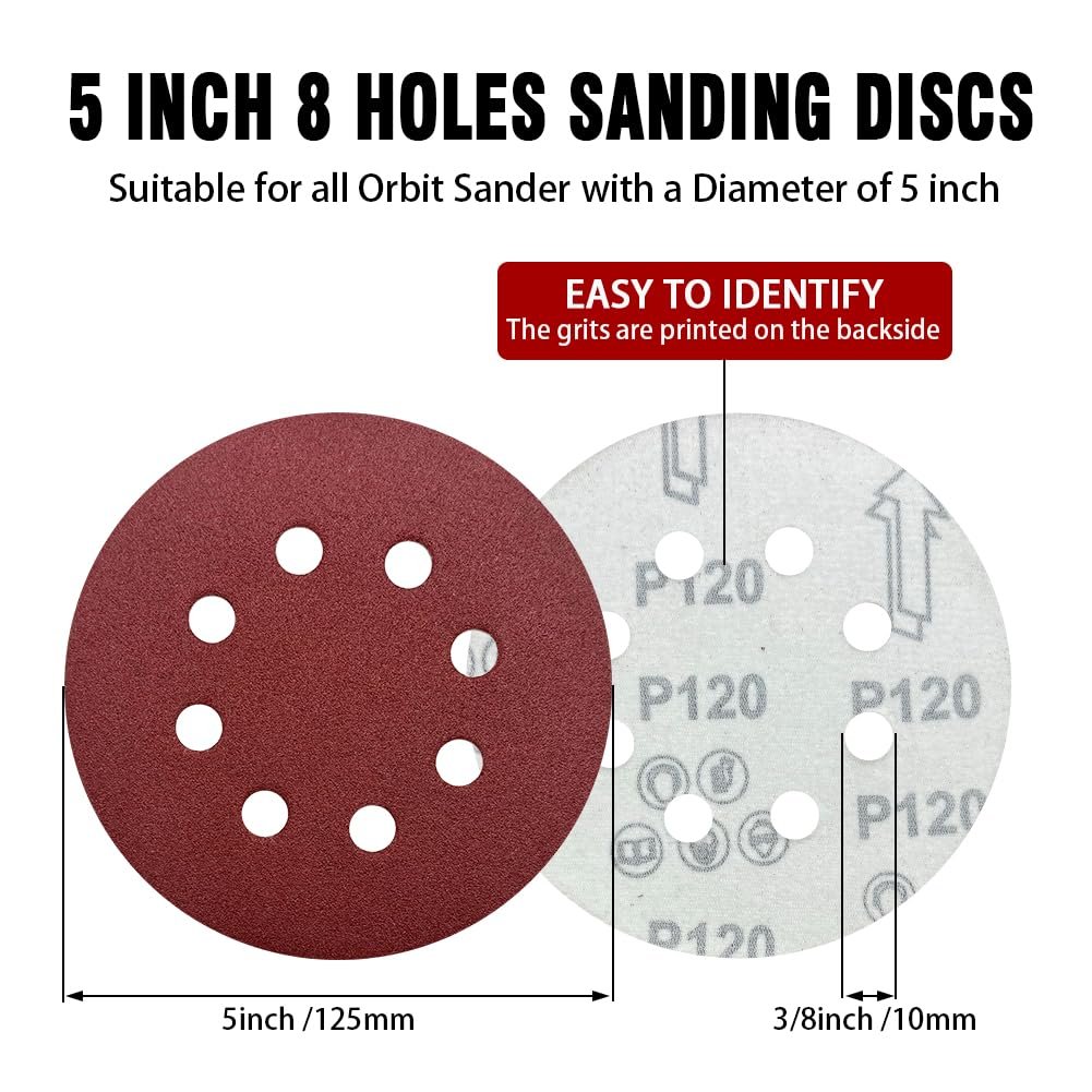 52 Pack 5 Inch 8-Hole Hook and Loop Sanding Discs