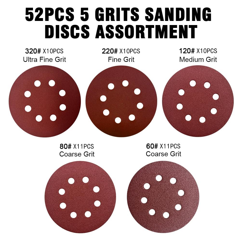52 Pack 5 Inch 8-Hole Hook and Loop Sanding Discs
