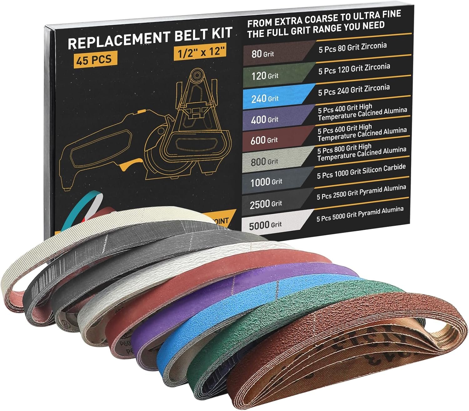 1/2" x 12" replacement sharpening belt kit for Work Sharp – 45 pieces assorted grits