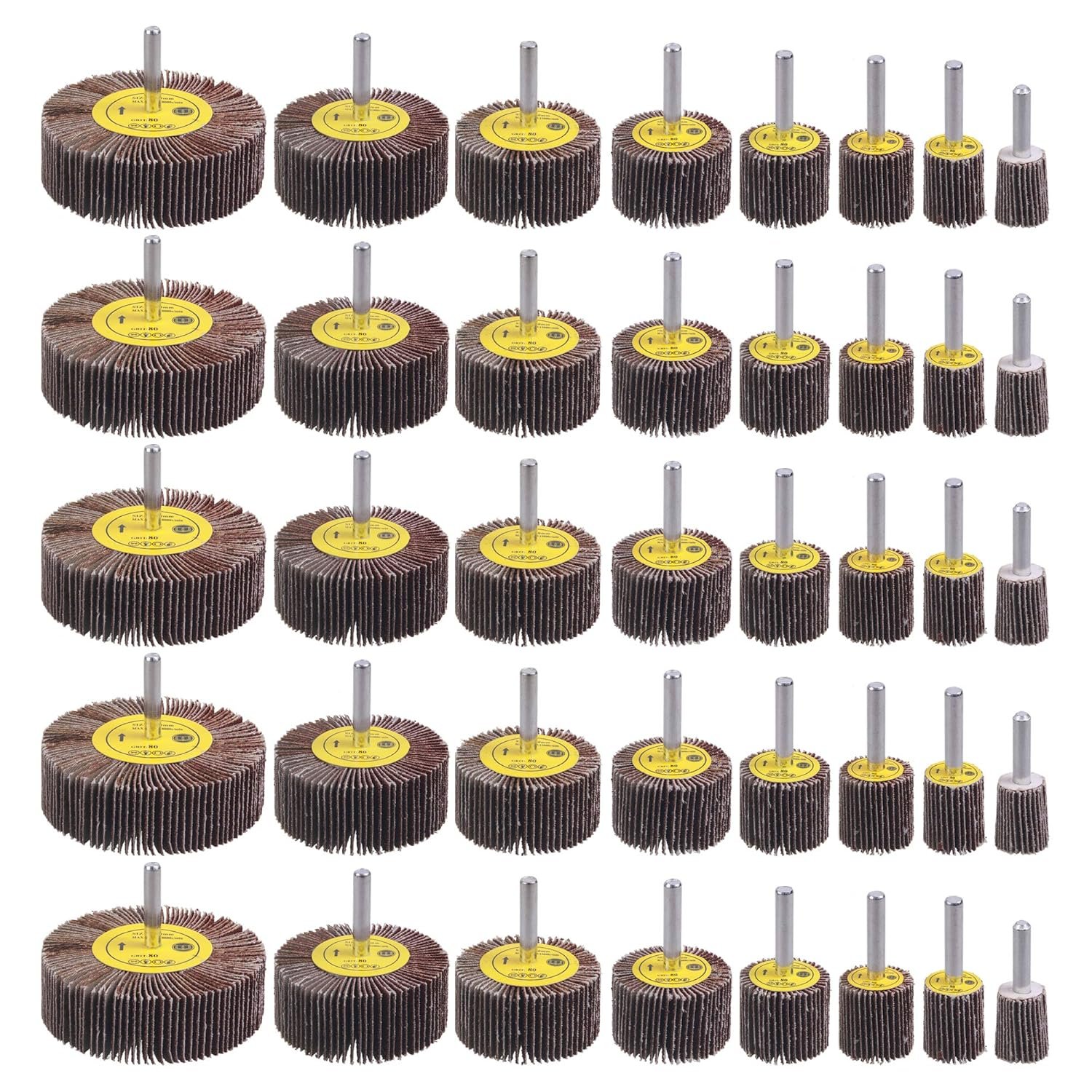 40 Pack 1/4" Shank Flap Wheel Sander Set, Rocaris 80 Grit Abrasive Sanding Wheels for Drill Dremel Die Grinder Rust Remover (8 Sizes)