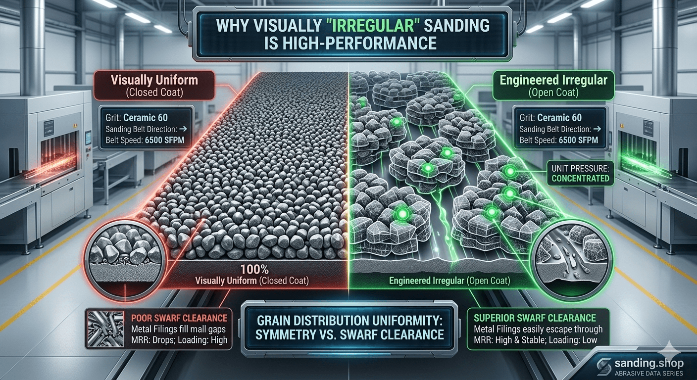 Grain distribution uniformity comparison: closed coat vs open coat sanding belt