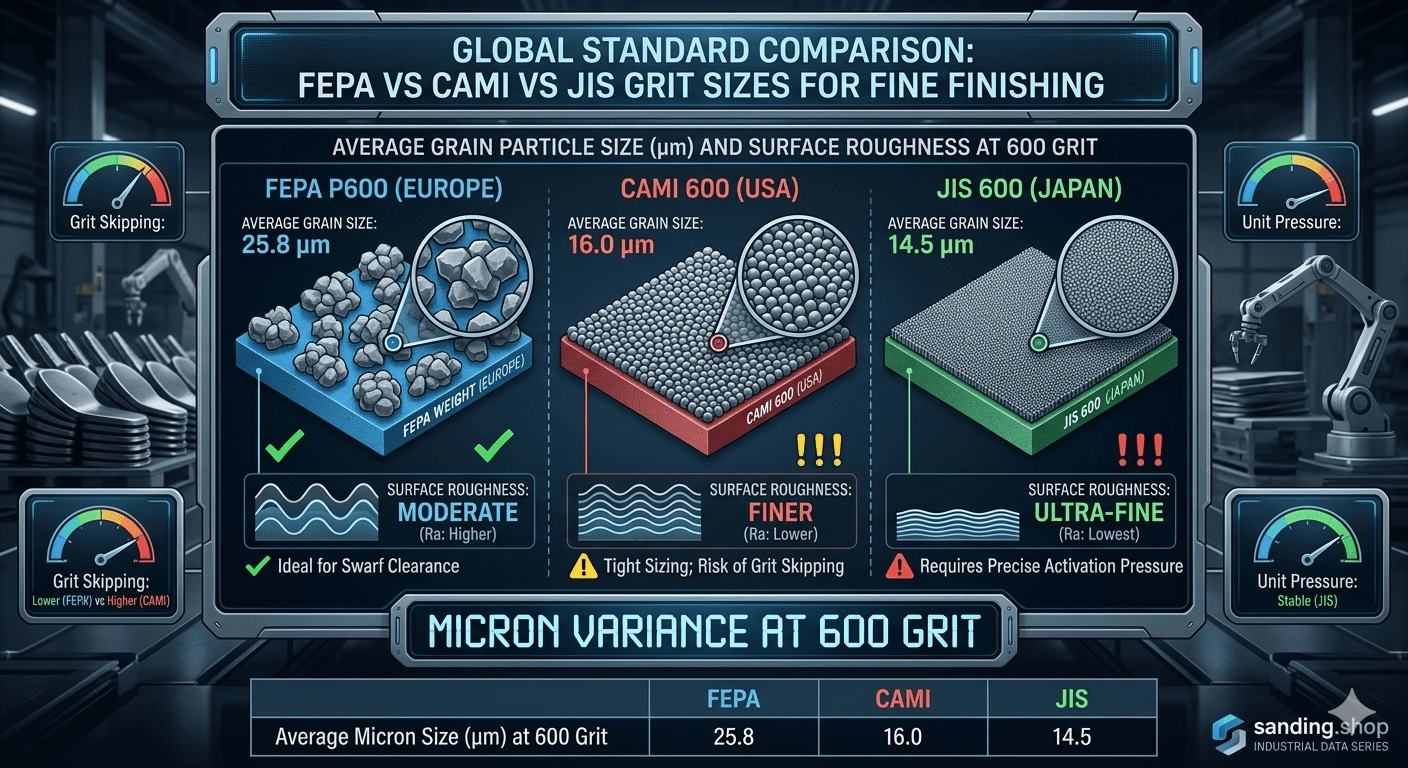 Global abrasive standards comparison: FEPA, CAMI, and JIS grit size conversion chart