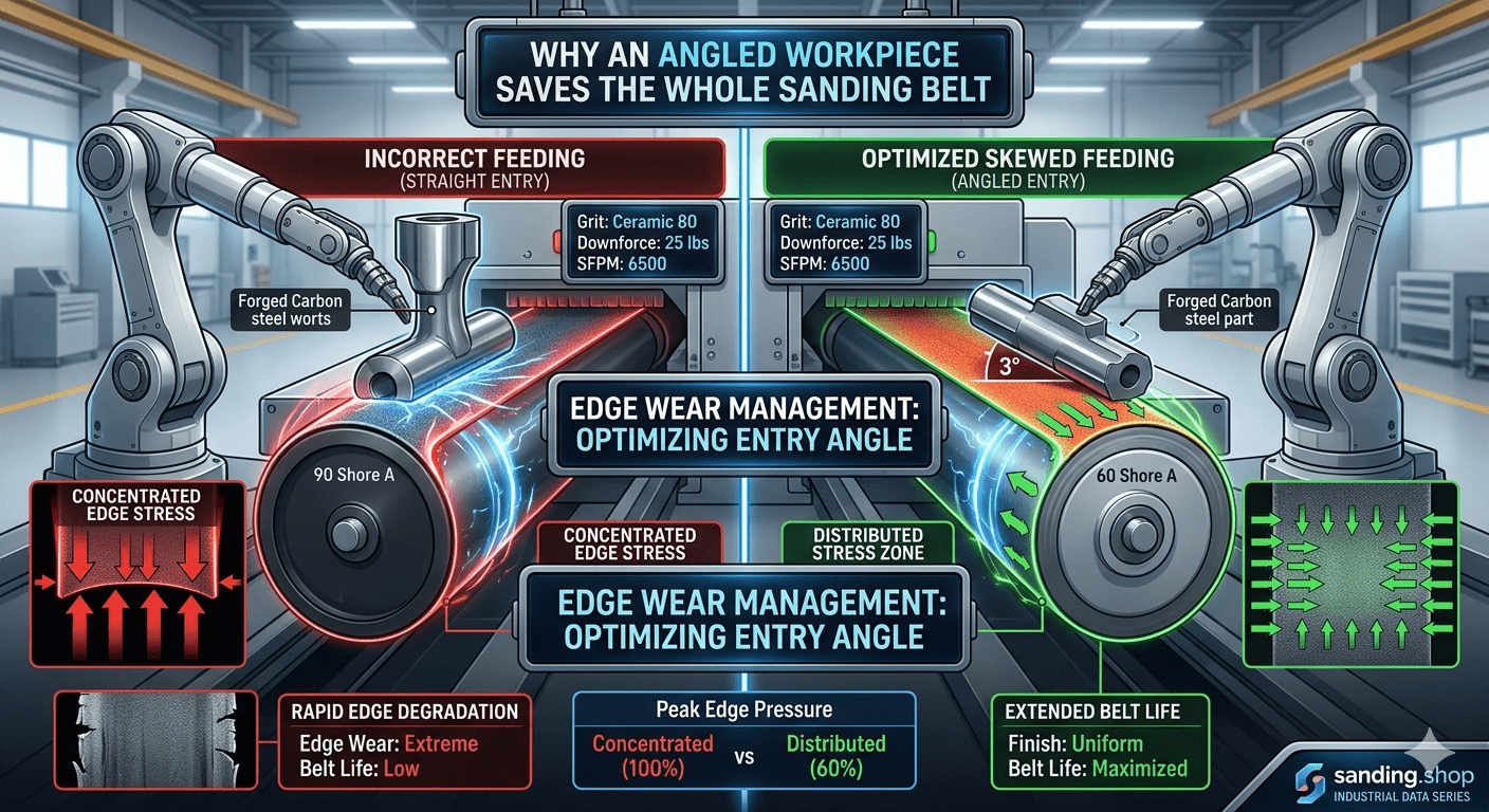 Edge wear management on wide belt sanders: optimizing workpiece entry angle to reduce abrasive belt edge wear