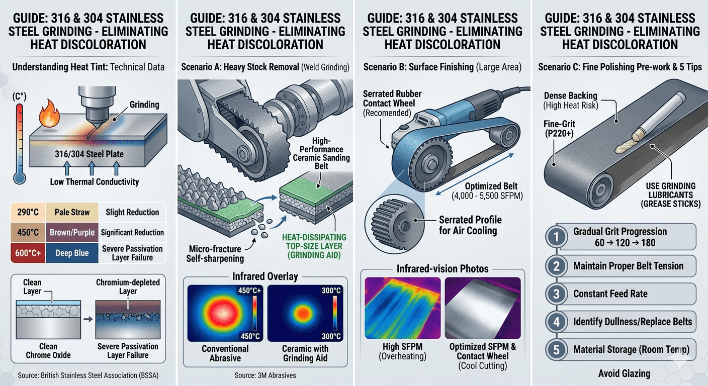 Ceramic sanding belt for preventing heat discoloration on stainless steel